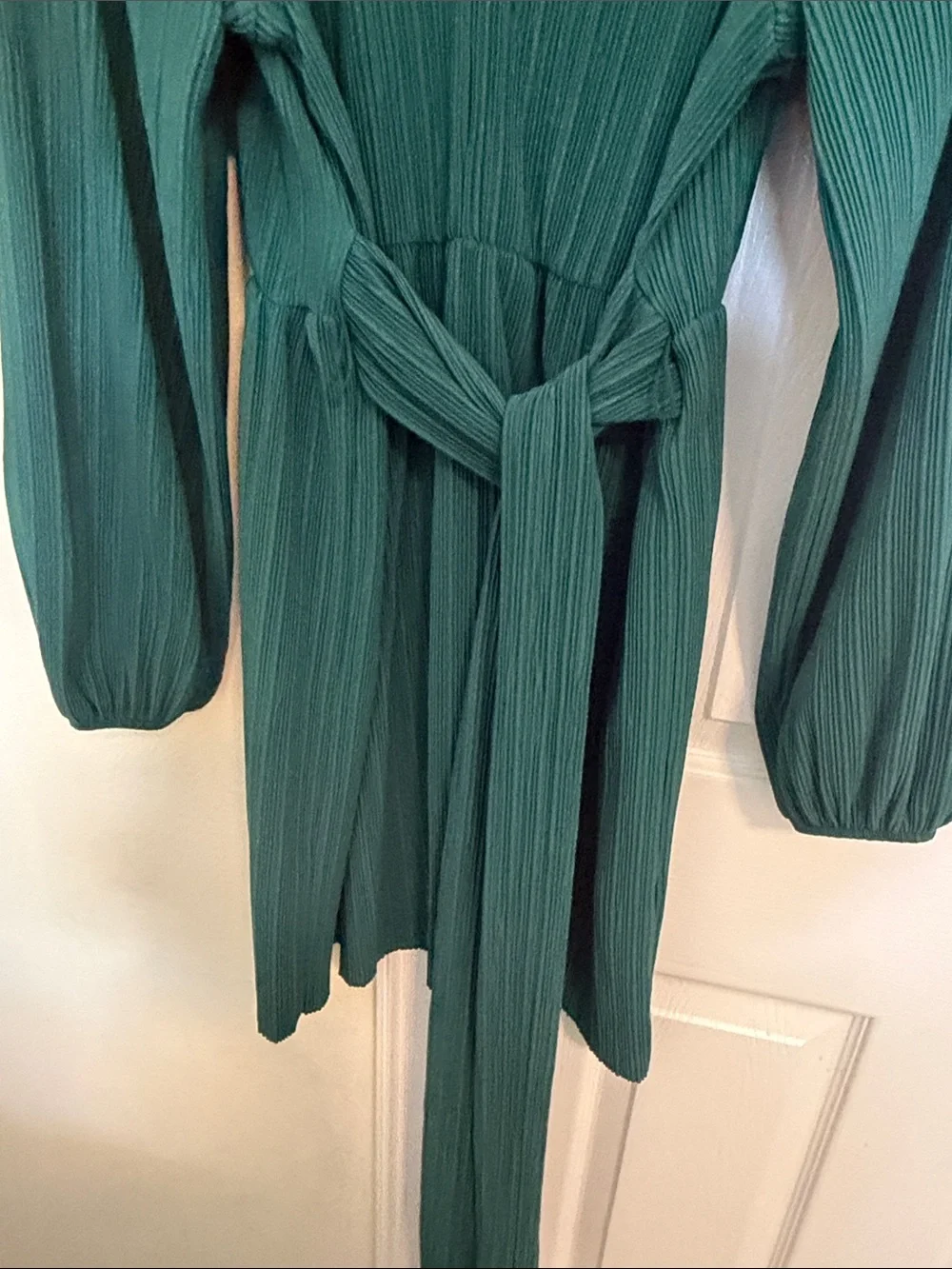 Zara Teal Pleated V-Neck Long-Sleeve Dress
